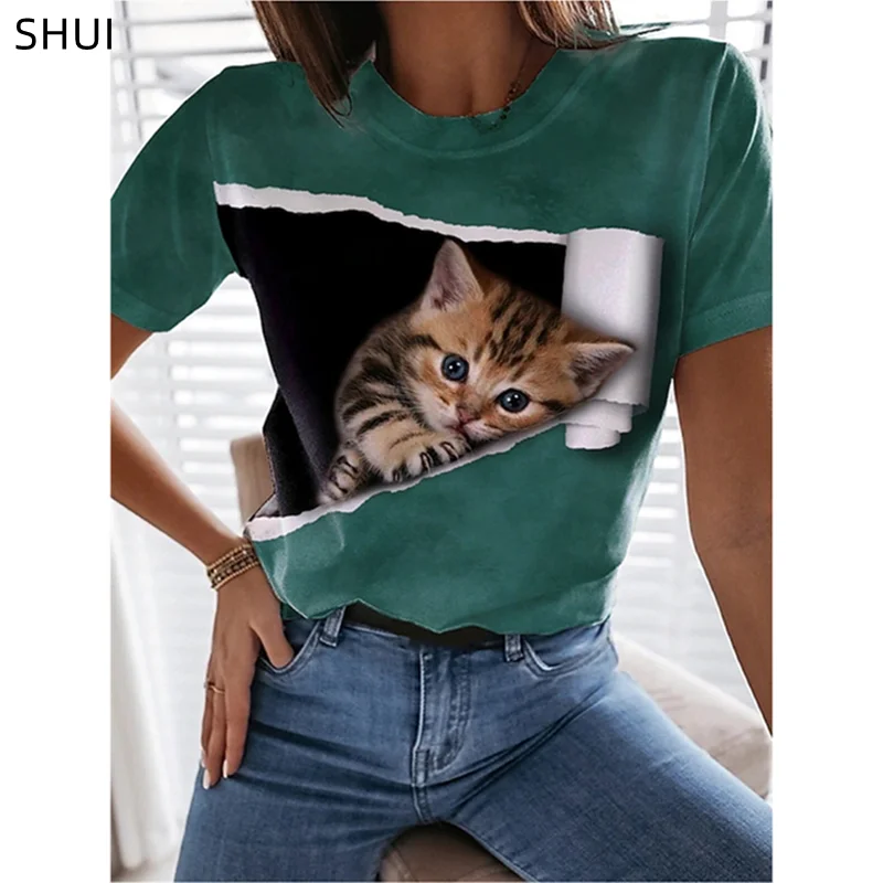 

Women's 3D Cat Funny Tee Shirt T shirt Cat Graphic 3D Print Round Neck Basic Tops Clothes For Women Korean Style футболка женски