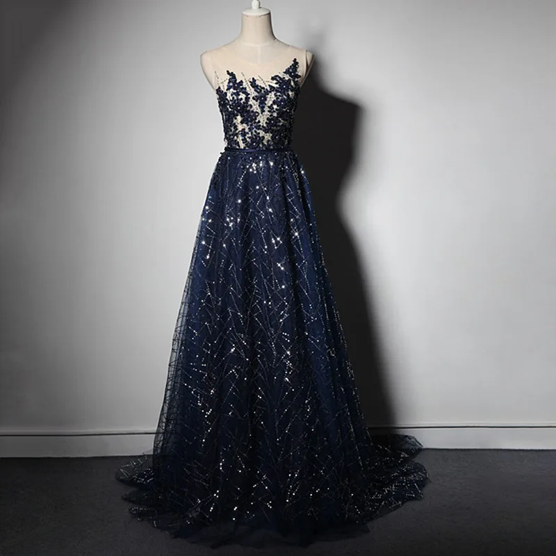 

Dark Blue Scoop Sleeveless Robe De Soiree Simple Natural Factors A-line Evening Dress Tulle Beading Shiny Sequined Abendkleider