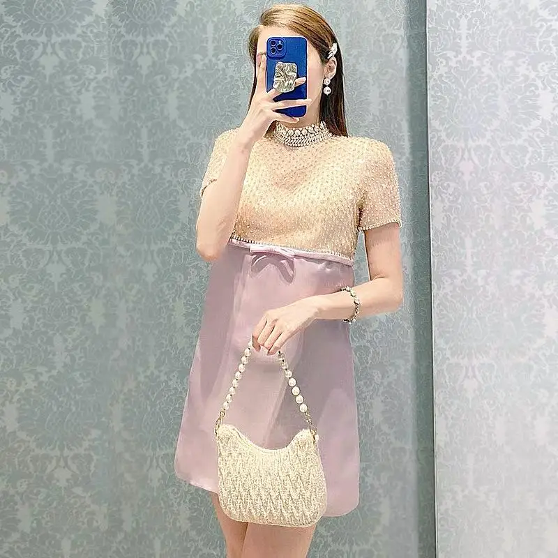 2023 Runway Summer Manual Beaded Sequins Celebrity Stand Collar Dress Rhinestone Bow Short Sleeve Sweet Purple Short Dresses