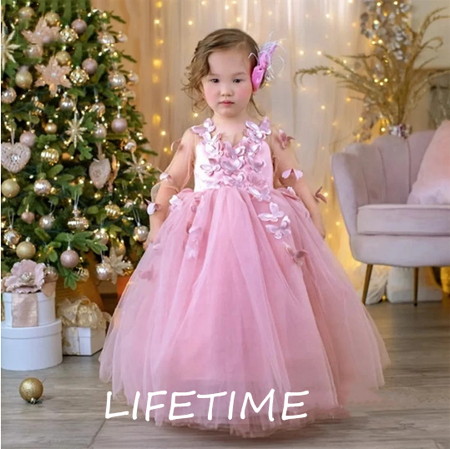 

Gorgeous Pink Flower Girl Dress Tulle Satin Pearls Wedding Princess Gown Girls First Communion Dress Photoshoot
