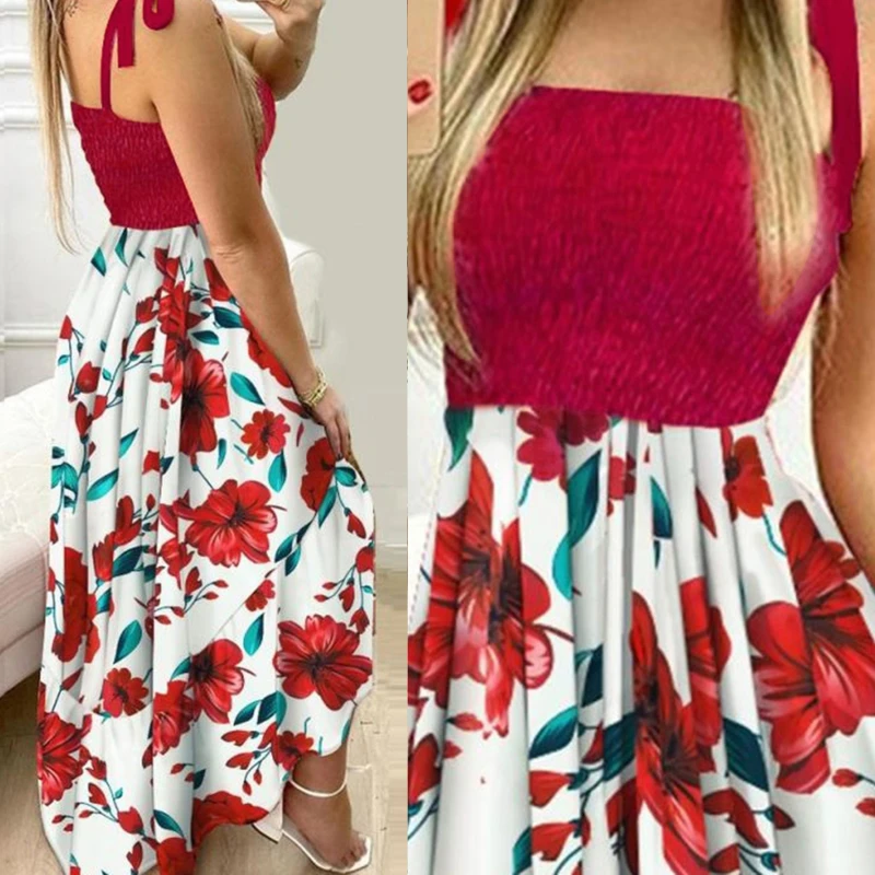 

Summer Sexy Spaghetti Strap Floral Print Maxi Dress For Women New Casual Elegant Chest Wrap Long Woman Beach Dress Holiday Red