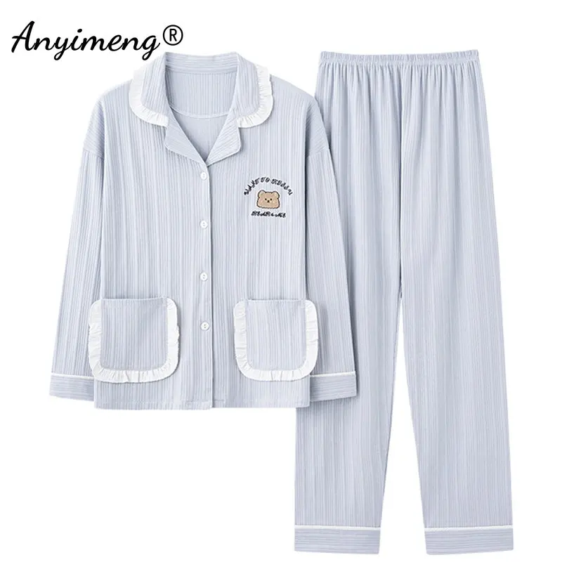 

Korean Style Bear Printed Cotton Pajamas Set for Women 2023 New Casual Loose Soft Pyjama Warm Kawaii Sleepwear M-3XL Loungewear