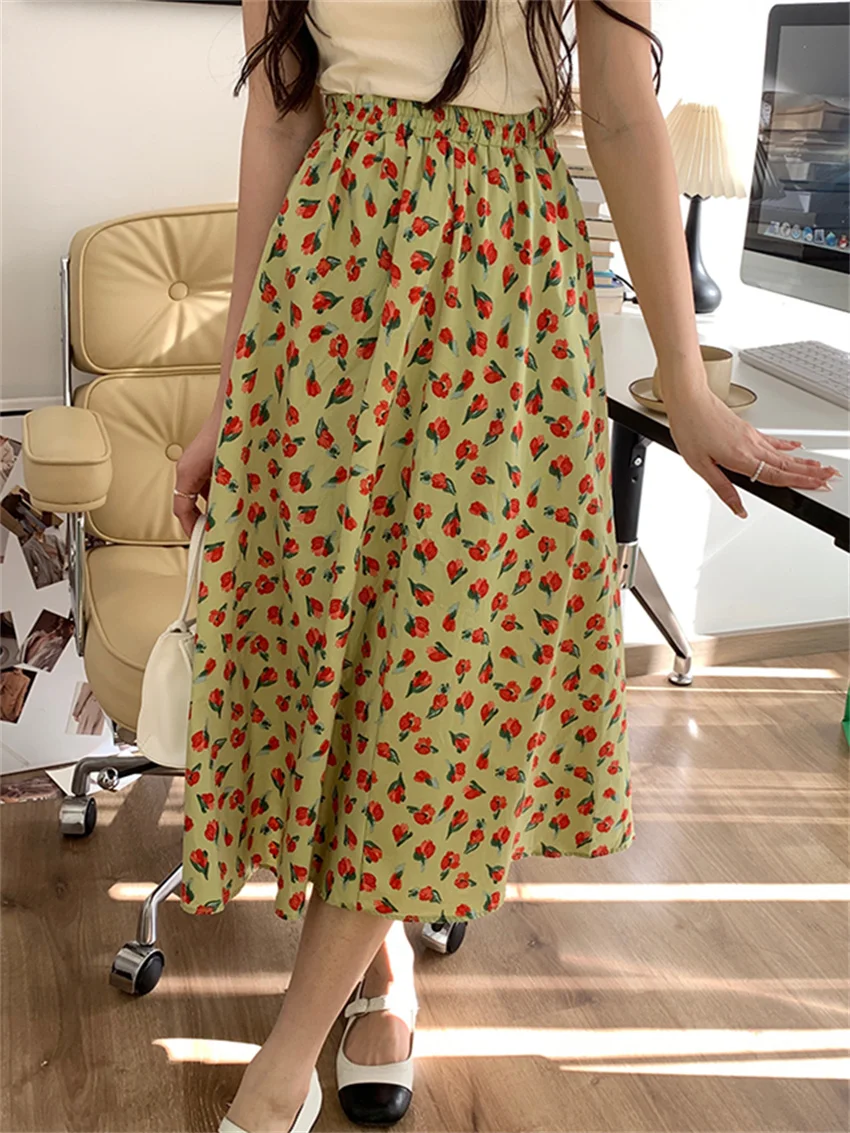 

Alien Kitty Vintage Florals Roses Long Skirts Mid-Length Casual Chic Printed Summer A-Line Elastic Waist Loose Sweet Elegant