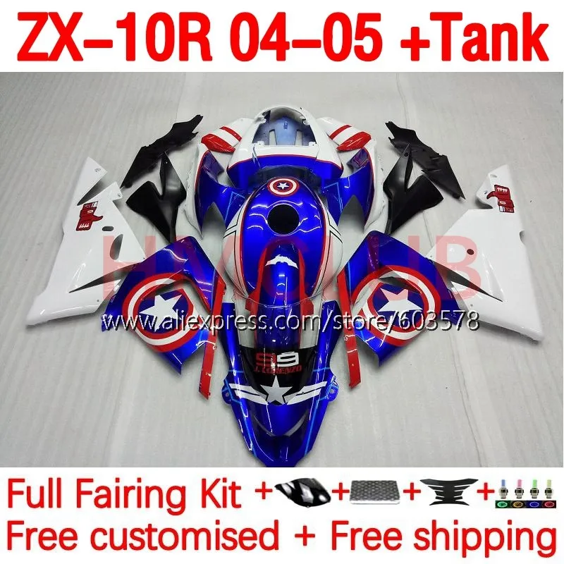 

+ Бак для KAWASAKI NINJA ZX 10R 1000 CC 10 R ZX-10R 1000CC blue stars ZX1000 ZX10R 04 05 2004 2005 обтекатель 207No.21