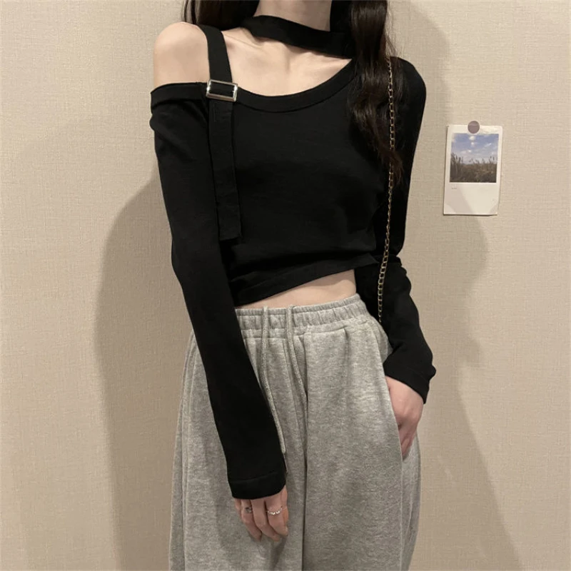 

Korean Halter Knitwear Crop Top Women Design Sense New Solid O-neck Basics Slim Long Sleeve Blouse Female