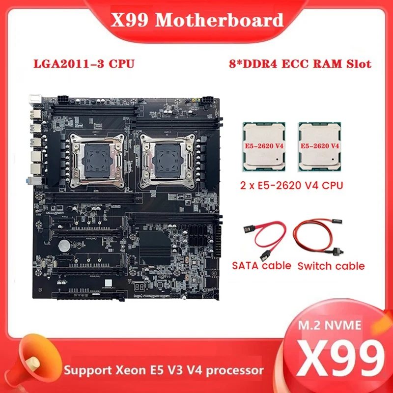 

X99 Dual-CPU Motherboard +2XE5-2620 V4 CPU+SATA Cable+Switch Line LGA2011-3 8XDDR4 ECC Slot PCIE X16 Support E5 V3/V4 CPU