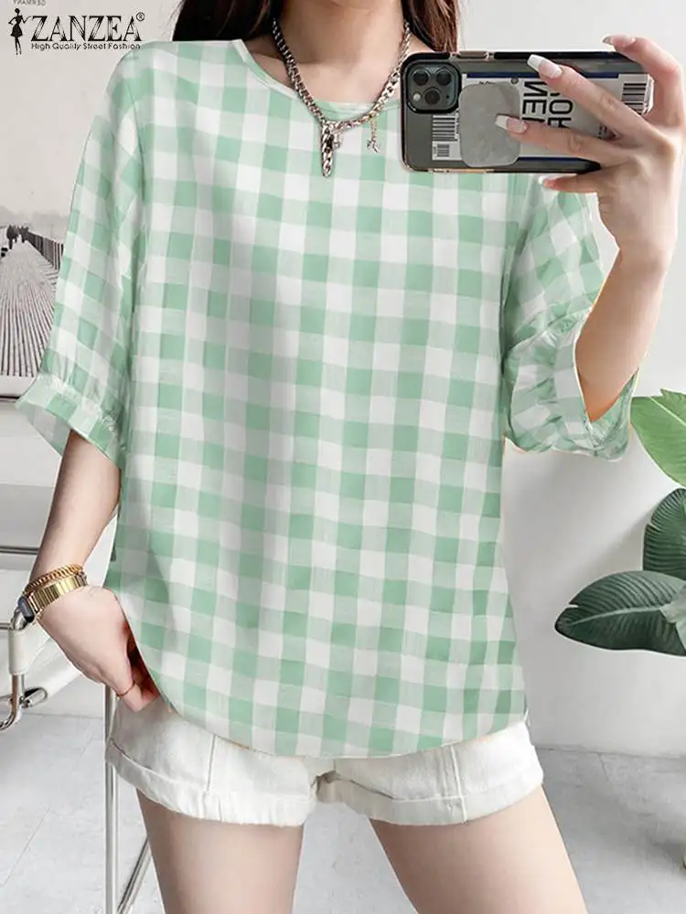 

Женская рубашка в клетку с пышными рукавами, с круглым вырезом