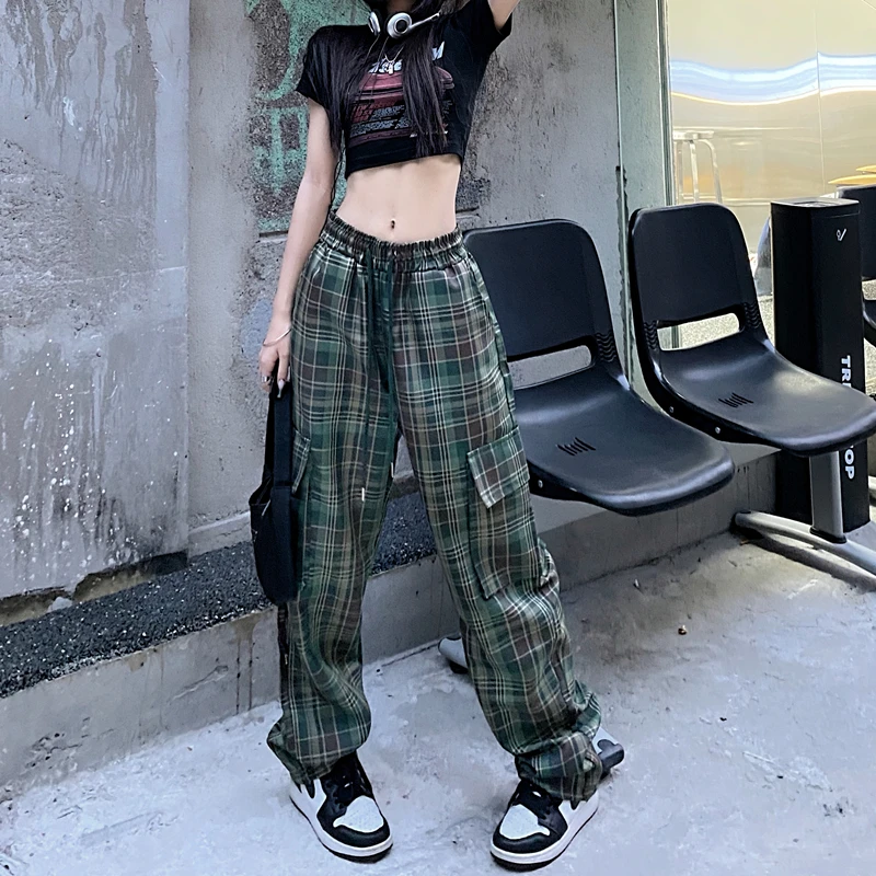 

Green Plaid Straight Cargo Pants Women's Spring Summer European and American Street Style Simple Loose Neutral Trousers Female