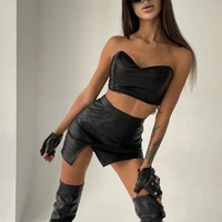 mikas gothic style super cool crop top high waist mini skirt suits slim charming faux leather slit at side