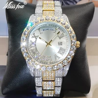 top hip hop brand missfox mens watches new luxury full diamond iced out quartz watch fashion automatic dual calendar aaa clocks