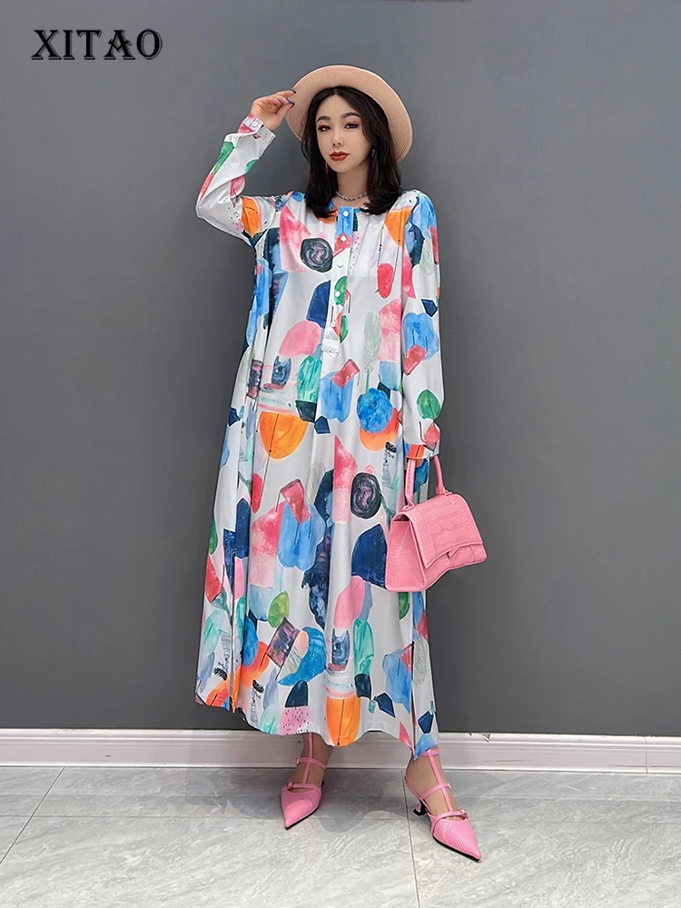 

XITAO Casual Print Dress Fashion Contrast Color Painting Print Loose Women Top Autumn New Long Sleeve Simplicity Dress WLD8599