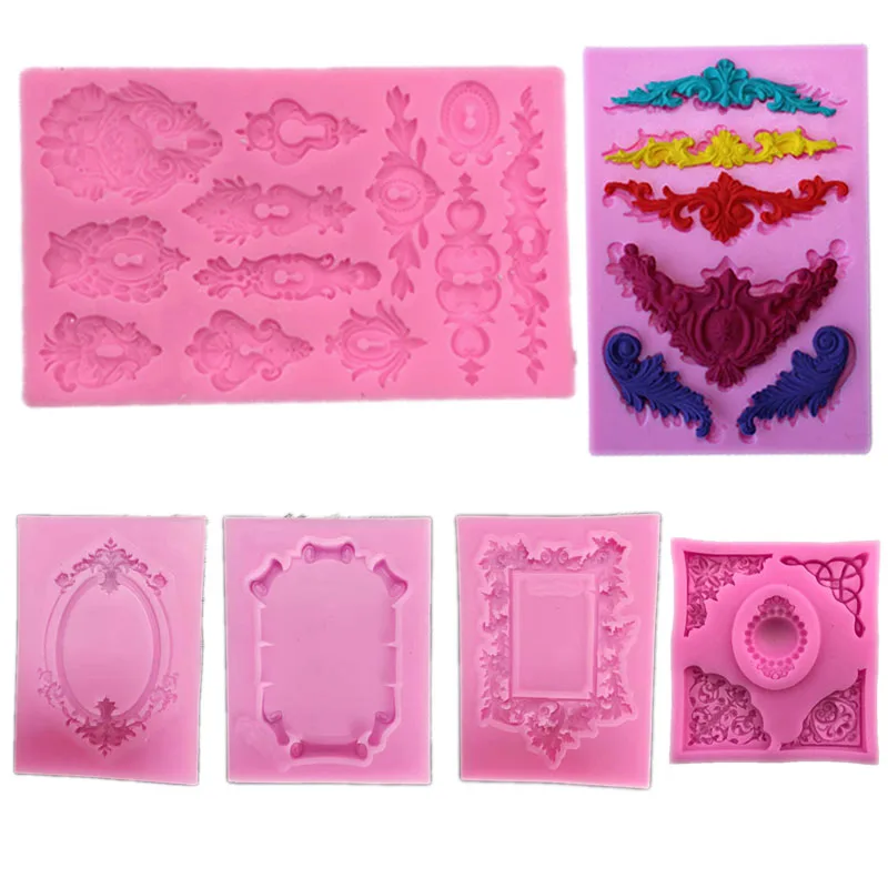 

Variety Of European Style Silicone Mold Lace Retro Photo Frame Embossed Border Decor Gem Fondant Cake Tools Soft Clay Epoxy Mold