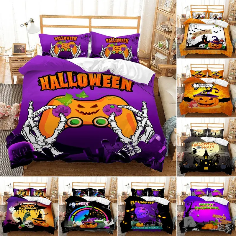 Halloween Duvet Cover Queen Cartoon Pumpkin Gamepad Comforter Cover Horror Theme Gothic Spooky Bedding Set For Boys Teen Bedroom