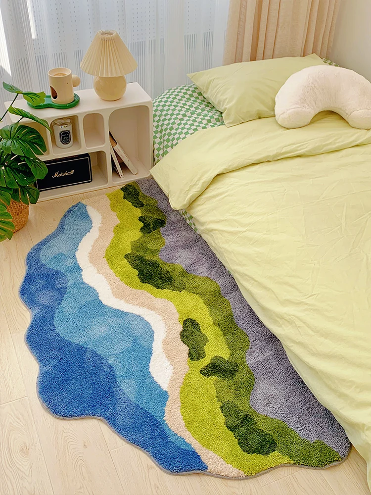 Green Moss Pattern Bedside Bedroom Carpet Nordic Ins Style Half Round Rug Soft Plush Kid Room Mat Decor Irregular Carpet Modern