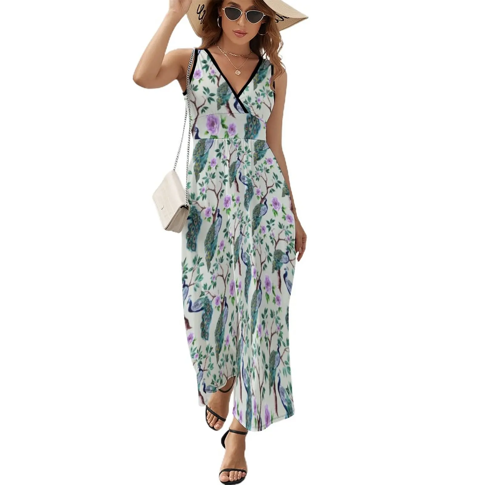 

Vintage Birds Dress Summer Peacock in Flowering Tree Casual Boho Beach Long Dresses Female High Waist Graphic Trendy Maxi Dress