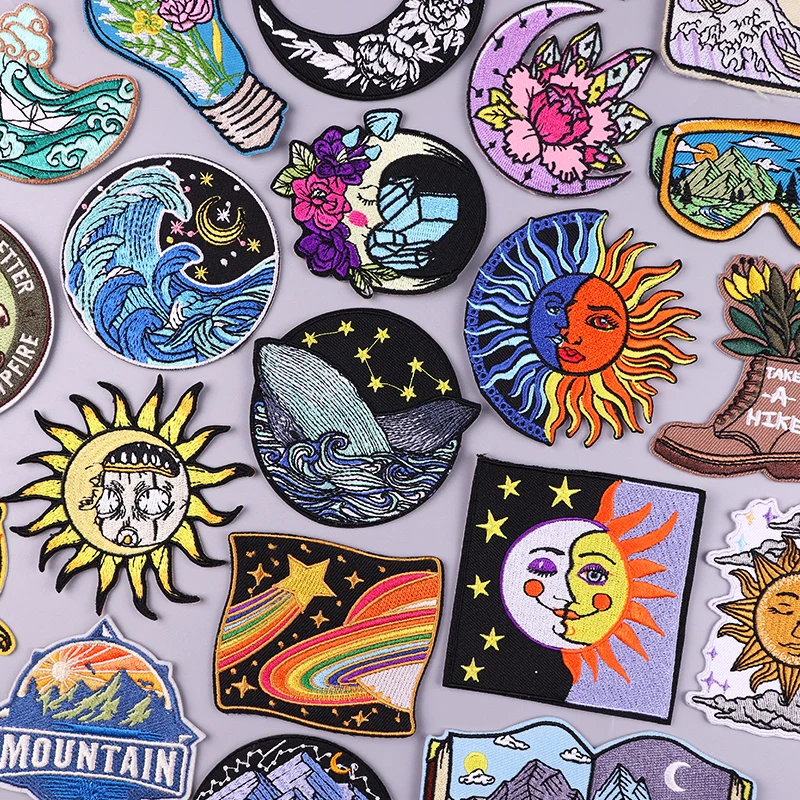 

Cartoon/Wave Patch Sun Moon Embroideredy Patch Iron On Patches For Clothing Mountain Adventures Patches On Clothes Sew Sticker