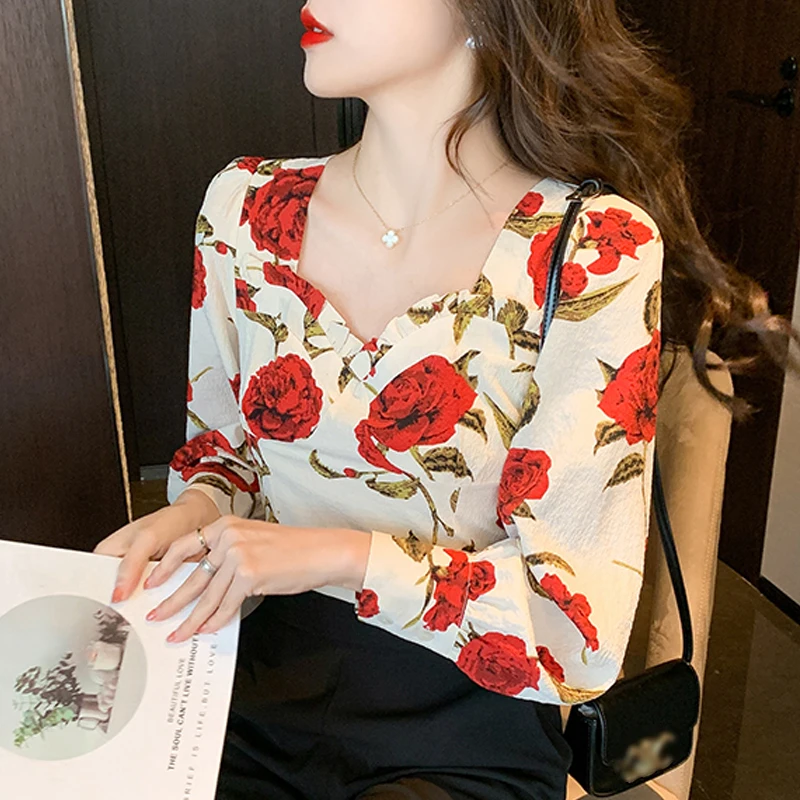 

Spring Vintage Flower Chiffon Blouse for Women Casual High Waist V-neck Shirt New Fashion Sweet Clothing Top Chemise Femme 24571
