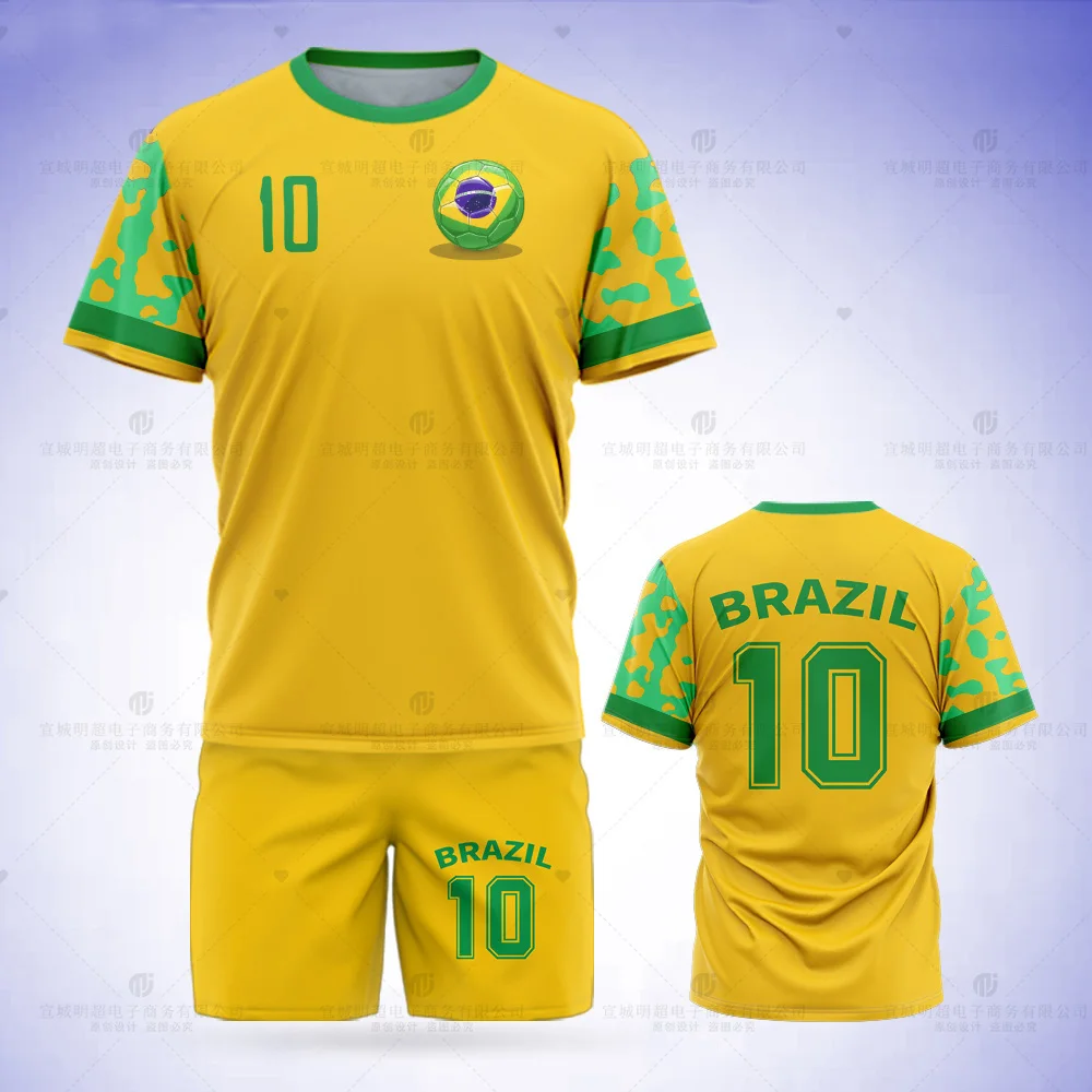 2023 Summer New Brazilian Football Printed T-shirt Set, Flag Printed Shorts, Yellow Tennis Jersey, Team Uniform