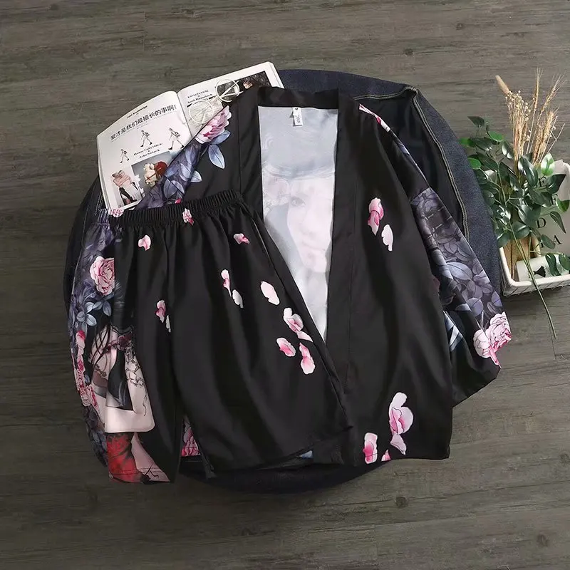 2PCS Cotton Men Robe Pajamas Sets Half Sleeve Kimono Robe&Shorts Thin Summer Print Crane Home Bathrobe Casual Loose Sleep Suit