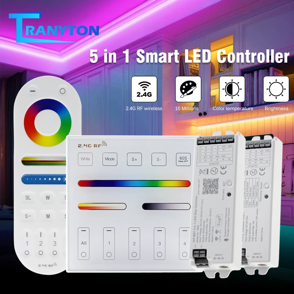 

DC12V 24V Wifi/Bluetooth LED Controller RGBCCT 5 in 1 Strip Alexa Google Home Voice Control by IOS/Andord Smartphone App