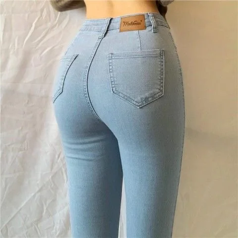 

Европейские и американские стильные персиковые эластичные джинсовые брюки с завышенной талией, женские узкие брюки-карандаш для ног, новинка 2023