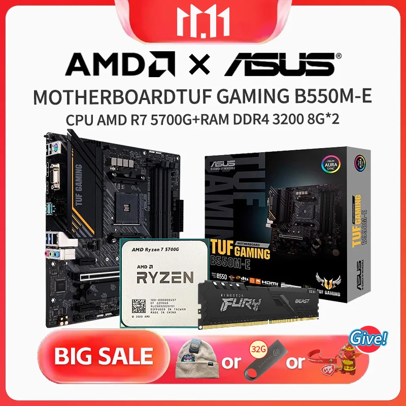 

New ASUS TUF Gaming B550M-E Motherboard + AMD 7 5700G R7 5700G CPU Without Fan + Kingston Fury DDR4 3200MHz 8G*2 Memory