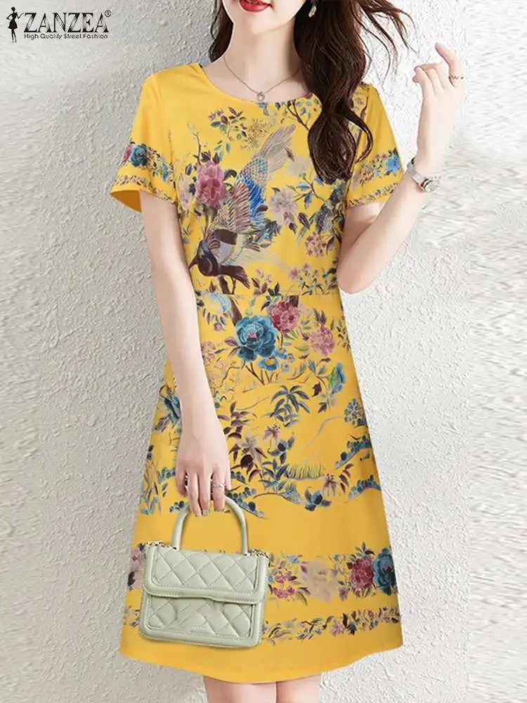Летнее женское стильное платье ZANZEA с цветочным принтом элегантный вечерний