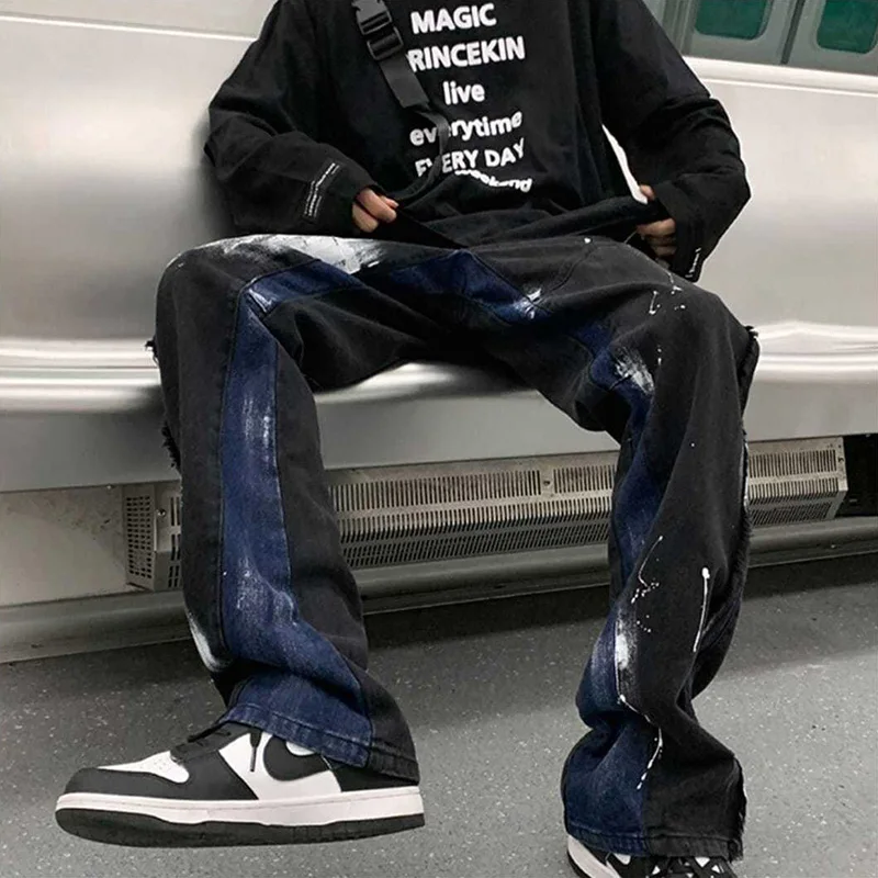 

Dark black ink-splashed jeans men's spring and autumn new loose straight-leg mopping pants Hong Kong style wide-leg trousers y2k