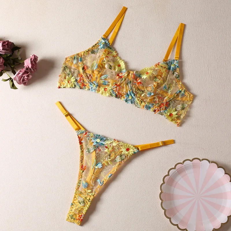 

Embroidered yellow flower bra with steel ring see-through erotic lingerie sets for women two-piece lingerie