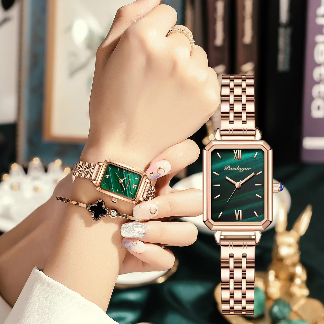 POEDAGAR Popular Simple Waterproof Women's Small Green Watch Square Quartz Solid Steel Band High Quality Belt Watch Retro Peacoc