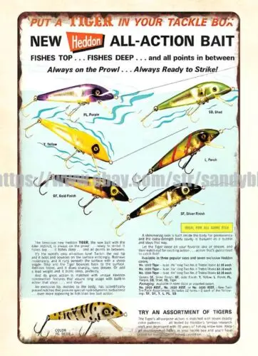 Фото Heddon's Tiger Lure 1967, металлическая жестяная вывеска, современный декор стен №1
