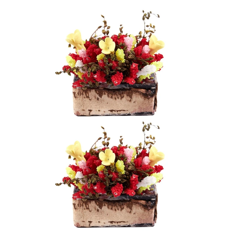 

2X 1/12 Dollhouse Miniature Multicolor Flower Bush With Wood Pot