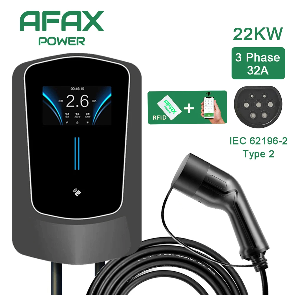 

AFAX 7.6/11/22KW EV Charging Station 32A Electric Vehicle Car Charger EVSE Wallbox Wallmount Type2 Cable IEC62196 APP Control