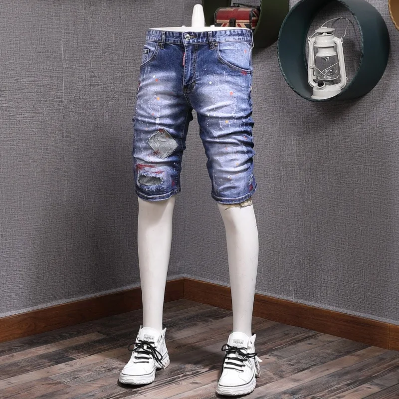 

Ripped Short Jeans Men Streetwear Patches Denim Shorts Fashion Casual Dots Printed Blue Stretch Slim Fit Pants