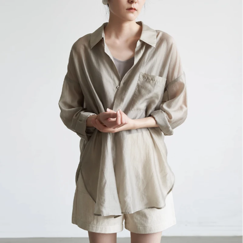 

Summer Sunscreen Shirts French Style Casual Thin Transparent Shirt Women Blouses Turn Down Collar Loose Clothes Blusas 27840