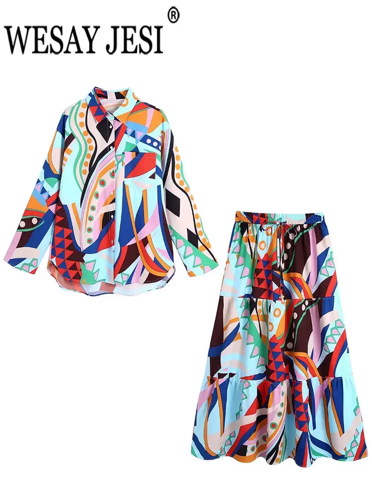 

WESAY JESI Print Shirt Set Contrast Color Single Breasted Lapel Long Sleeve Top + Long Skirt Drawstring Elastic Pearl Buckle