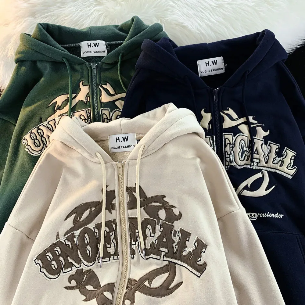 

Retro American Fashion Medieval Print Zip Hoodie Women Casual Loose Warm Fall Streetwear Style Top Harajuku Jacket