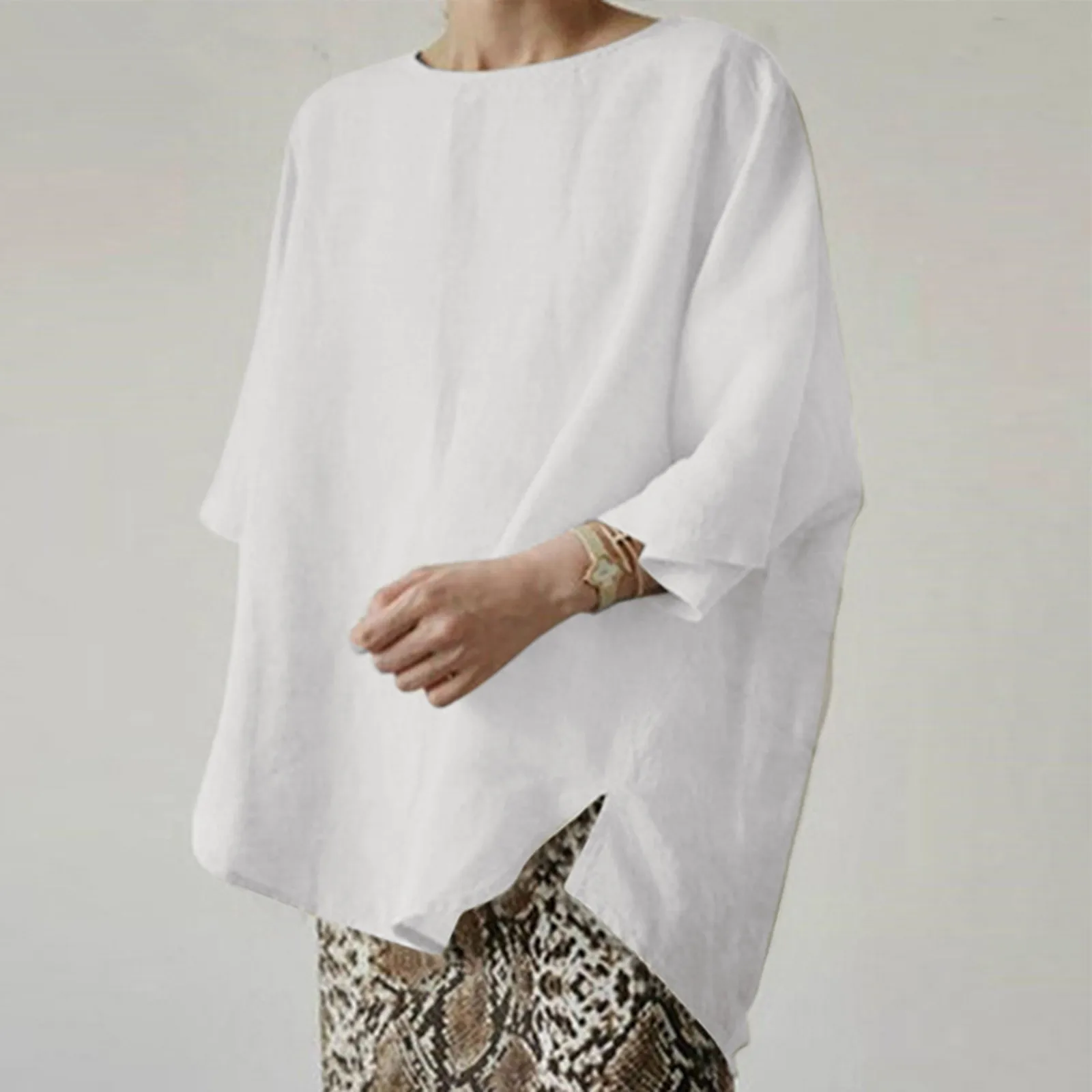 

Summer Women Loose Casual Shirt Plus Size Blusas Side Split Retro O Neck Batwing Sleeve Baggy Cotton Linen Tops Blouses Blusas