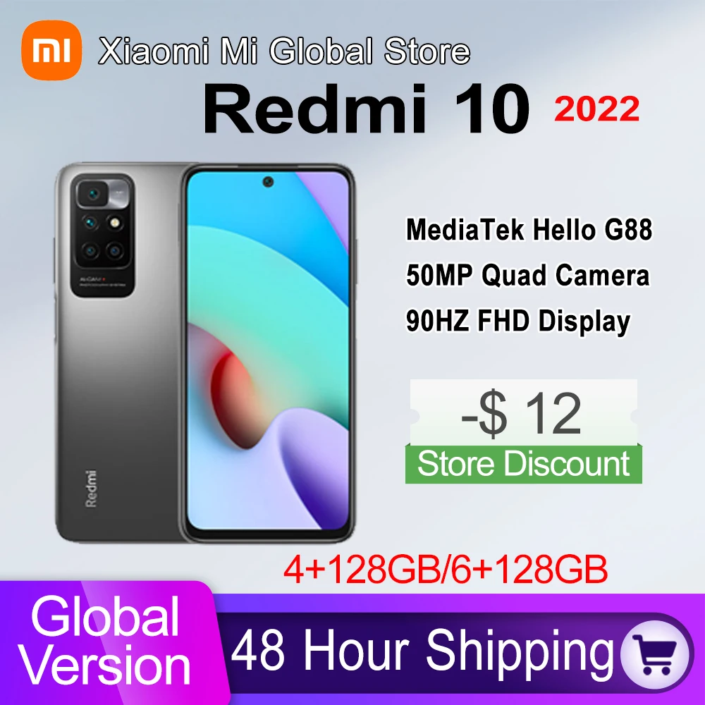2022 Global Version Xiaomi Redmi 10 Smartphone 4GB RAM 64GB ROM MediaTek Helio G88 Octa Core 50MP quad camera 90Hz FHD Display