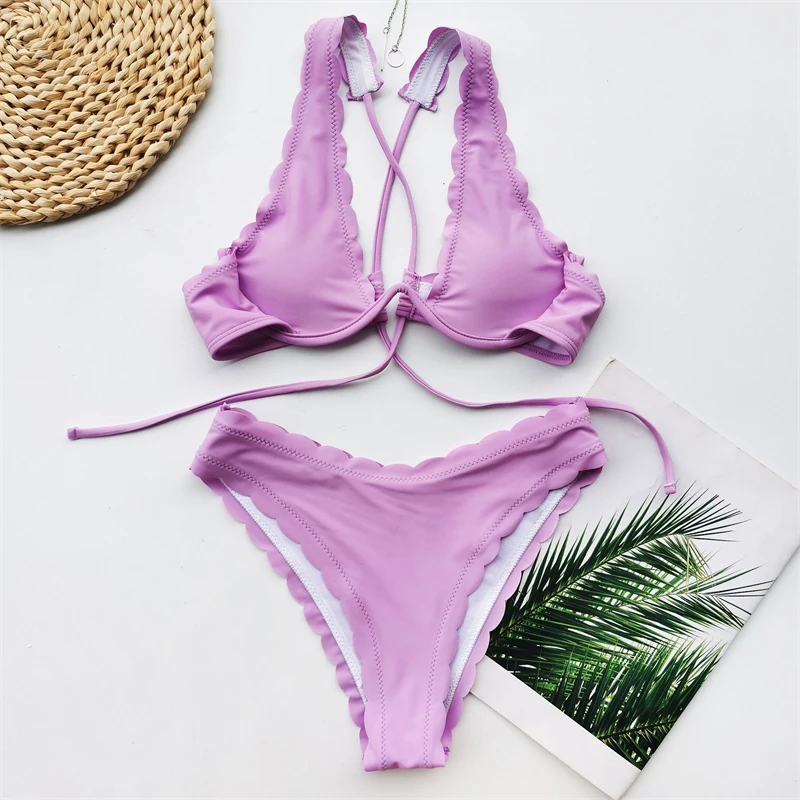 

Women's V-Wire Padded High Cut Bikini Set Two Piece Swimsuit New Solid Color Sexy swimwear 2022 mujer Fashion bathing suits