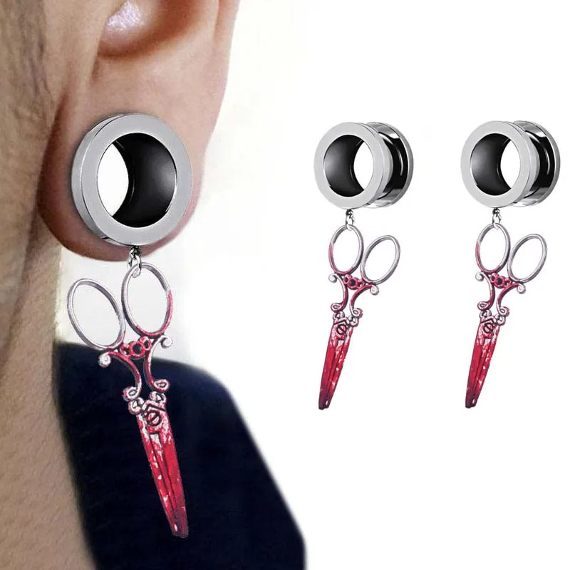

2PCS Stainless Steel Ear Tunnel and Plugs Bloody Scissors Dangle Ear Gauges Flesh Tunnels Body Jewelry piercing Gothic 4--25mm