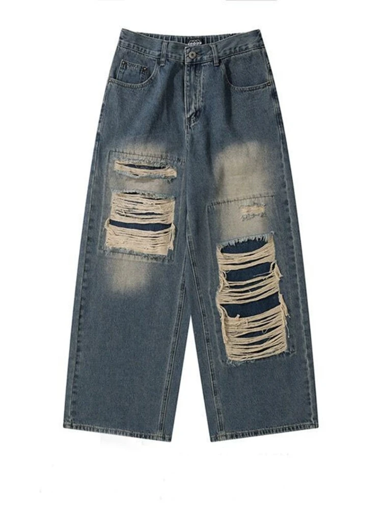 ADAgirl Blue Vintage Ripped Jeans for Women Streetwear Loose Hip Hop Straight Wide Leg Denim Trousers Y2k Causal Pants Harajuku