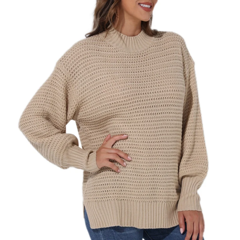 

Women Sweater Half High Collar Loose Solid Color Long Sleeve Thick Needle Side Fork Knit Sweatshirts Autumn Winter