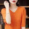 Women Sweater Short Sleeve V-neck Stripe Slim Fit Shirt 3