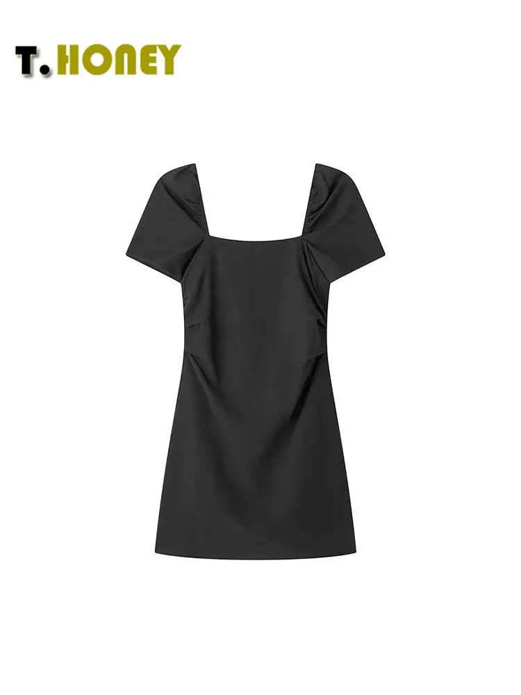 

TELLHONEY Women Fashion Square Collar Back Zipper Hollow Out Dress Lady Sexy Short Sleeves High Waist Slim Fitting Mini Dresses