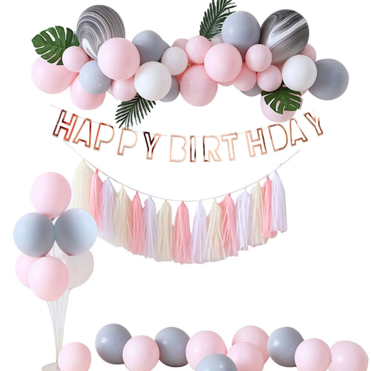 

JOLLYBOOM Macaron Pink Grey Party Balloon Garland Arch Kit Artificial Leaves Tassel for Birthday Baby Shower Decoration Supplies