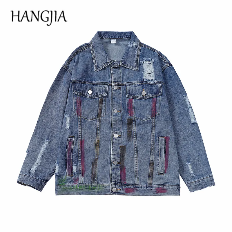 

Black Blue Ripped Jean Jacket for Men Hip Hop Graffiti Denim Jacket Washed Destroyed Jackets Coats for Women 2022 Mens Clothing