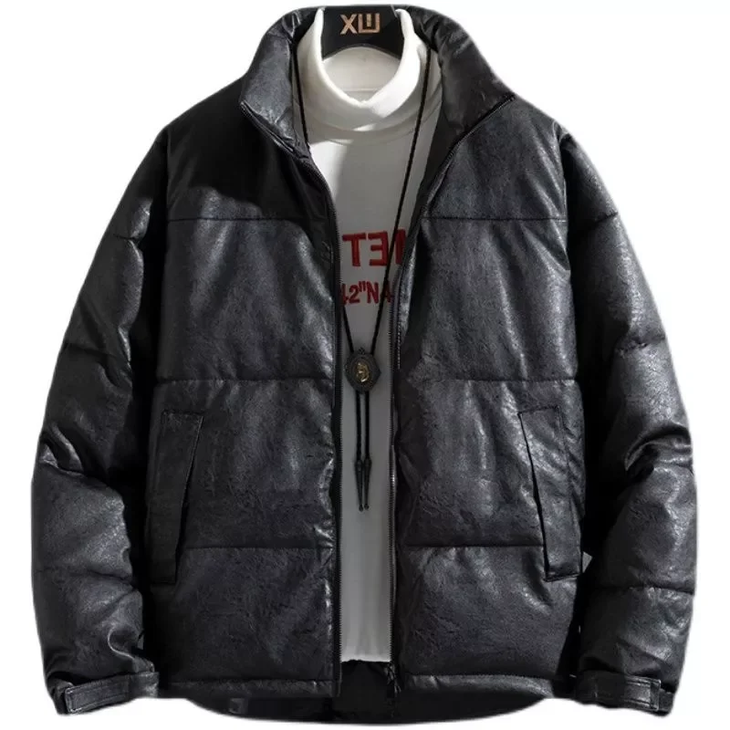 Stand Collar Men`s Pu Leather Cotton Padded Winter Bread Coat Loose Outwear Bright Cotton Parkas Clothes Fashion