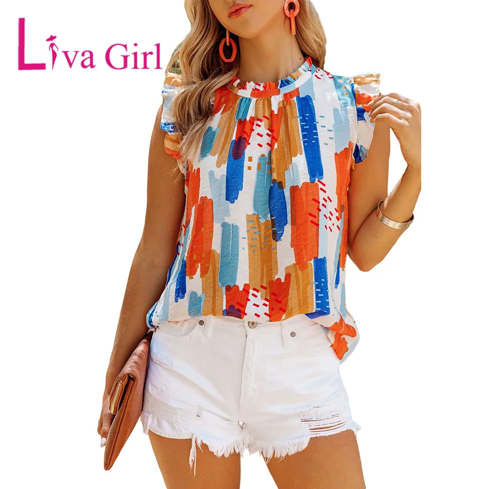 

Женская летняя блузка LIVA GIRL 2022 с рисунком планшетов, с оборками и рукавами-фонариками, Женский Повседневный жилет с круглым вырезом и принто...