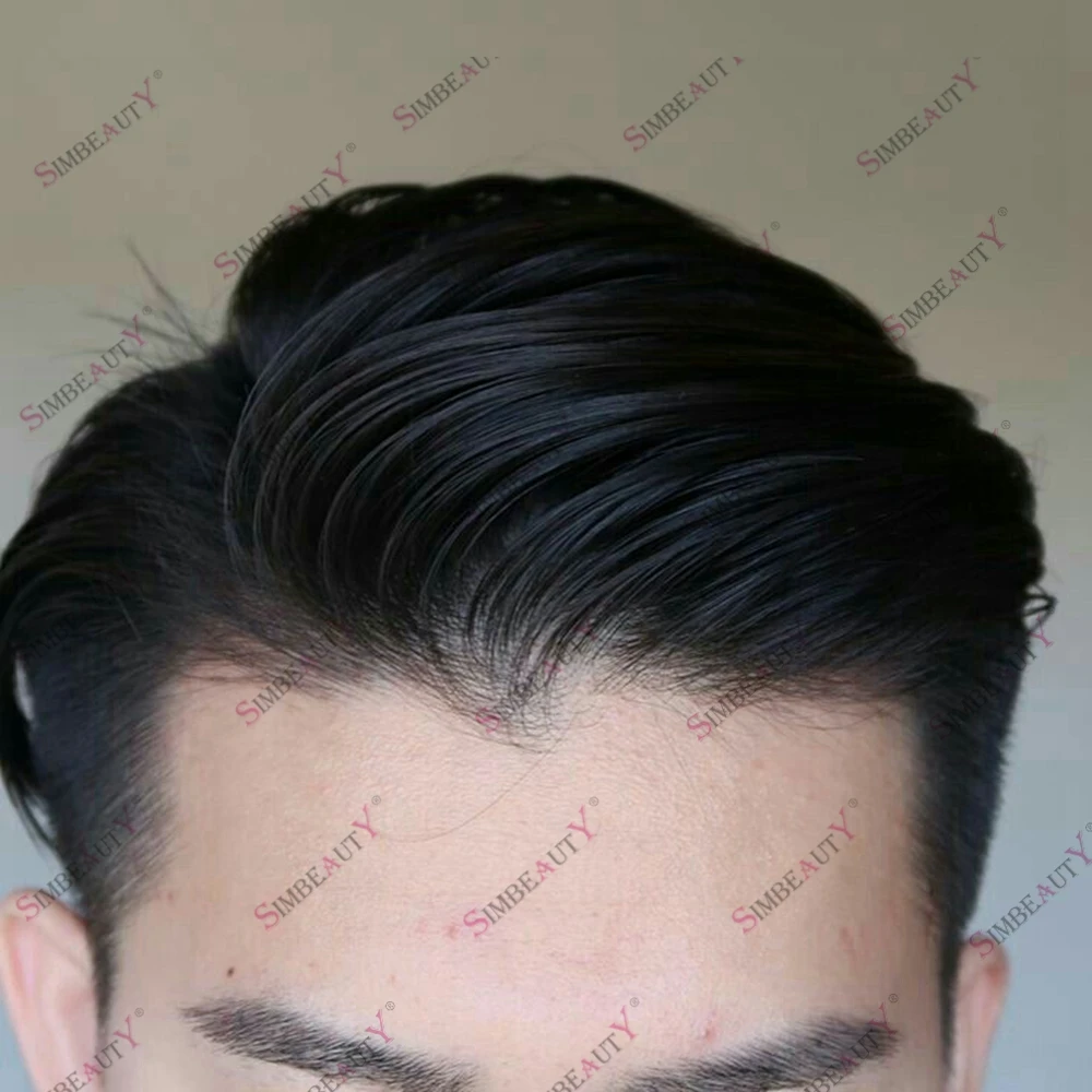

Silk Base Human Hair Men's Toupee European Hairpiece #1B Natural Black Straight Natural Hairline Invisible Base Prosthesis Unit